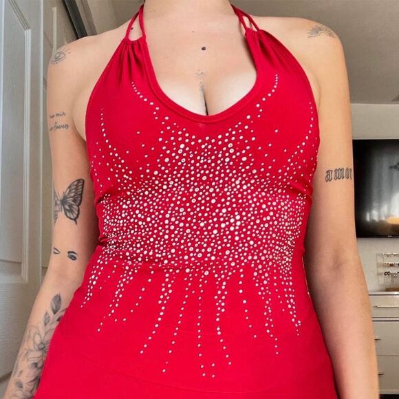 Vintage Solar Red Rhinestone Halter Dress – Size Small - Picture 7 of 8
